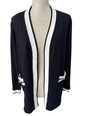 Essentials Milano Black & White Open Front Cardigan With Gold Accent Size M